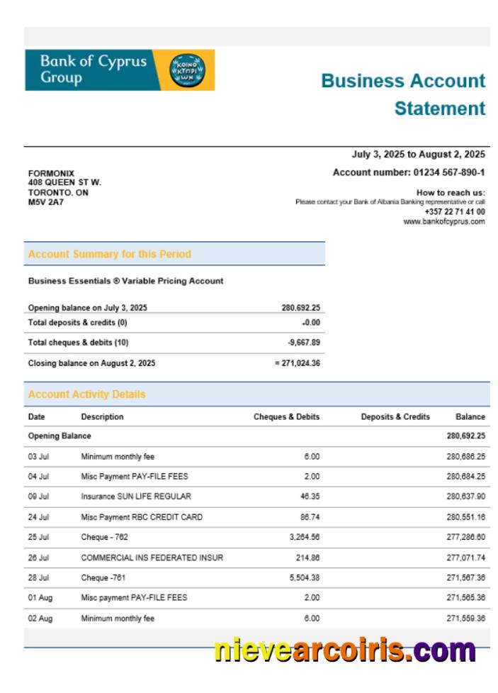 Bank of Cypriot firm account statement
